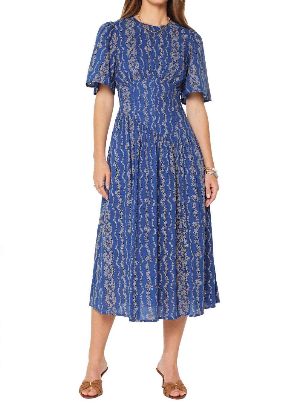Embroidered Half Sleeve Maxi Dress In Blue