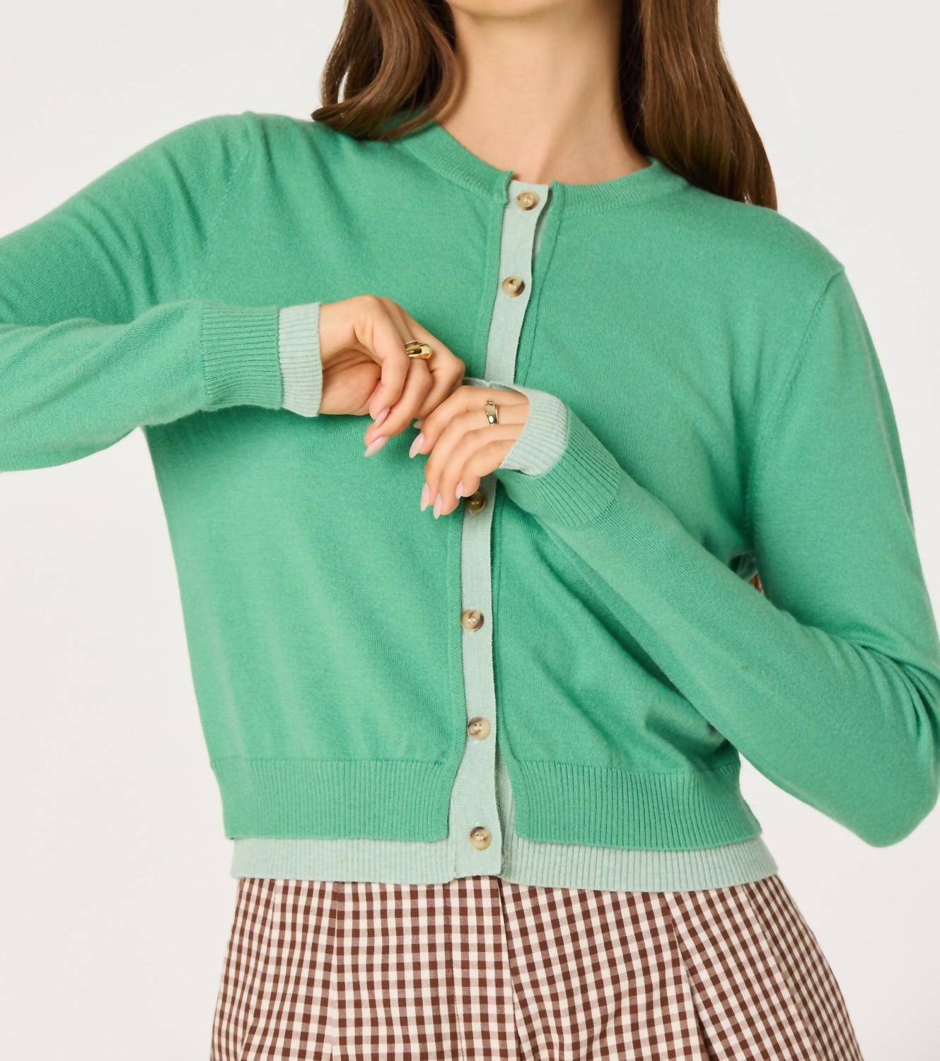 Clovis Color Block Faux Layered Cardigan In Green