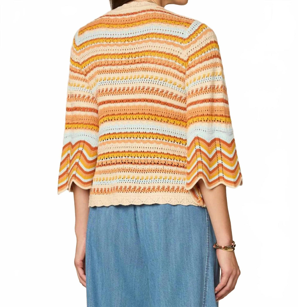 Bell Sleeve Crochet Striped Sweater In Multicolor