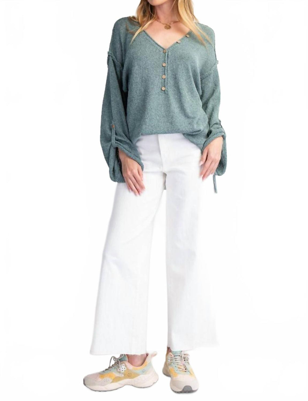 V-Neckline Knit Button Detail Sweater In Teal Green