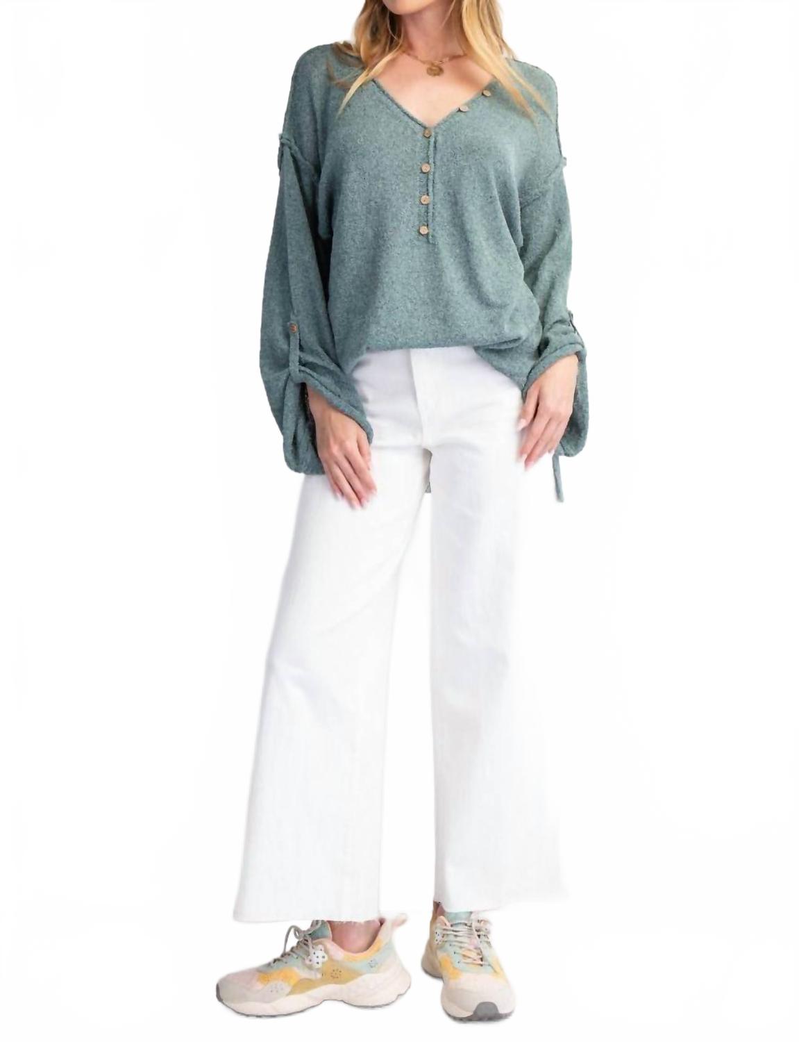 V-Neckline Knit Button Detail Sweater In Teal Green