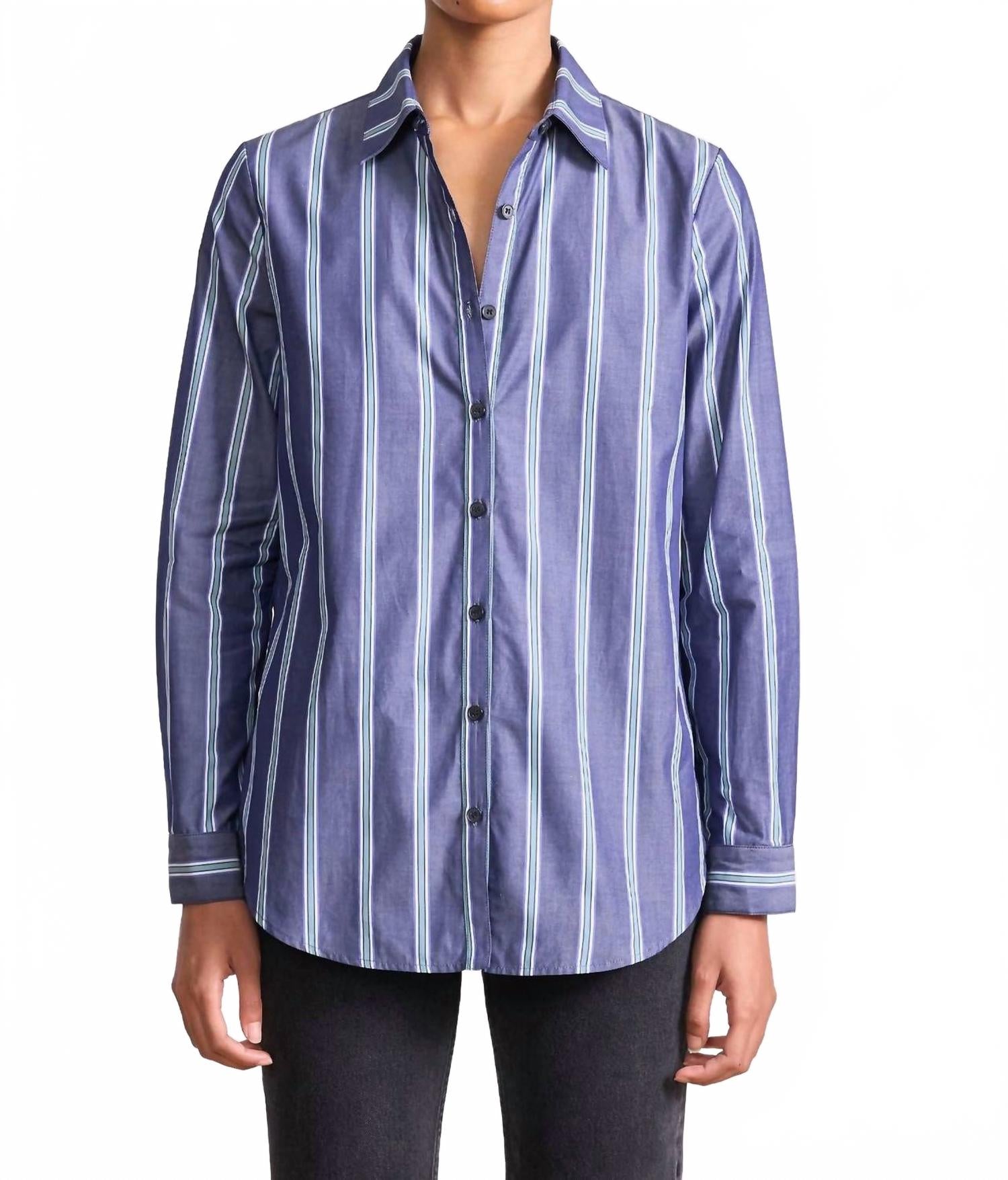 Sodi Wrap Button Up Top In Indigo Stripe