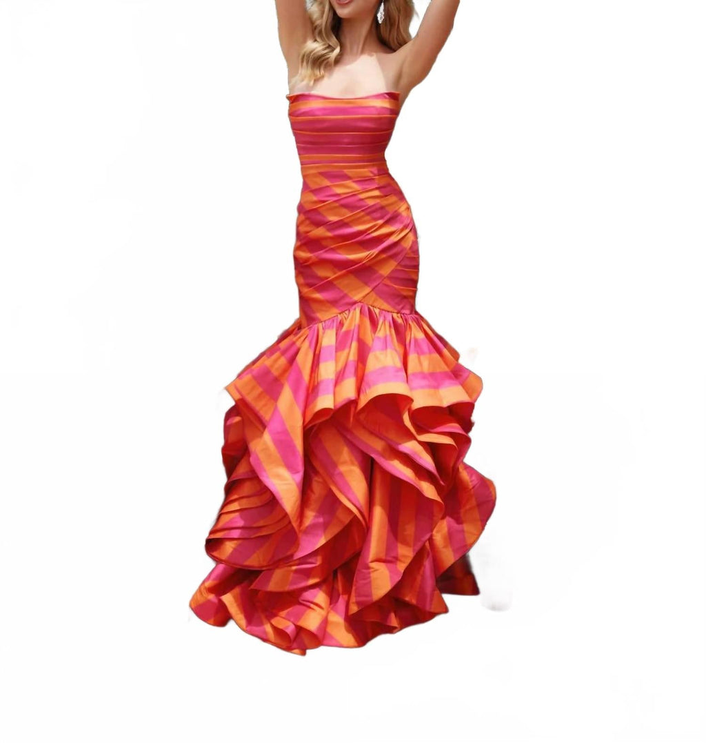 Striped Ruffle Mermaid Prom Dress In Orange Pink