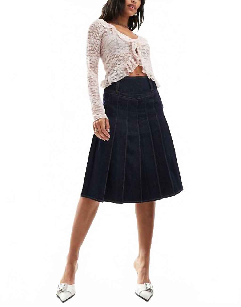 Denim Pleated Skirt In Indigo Blue