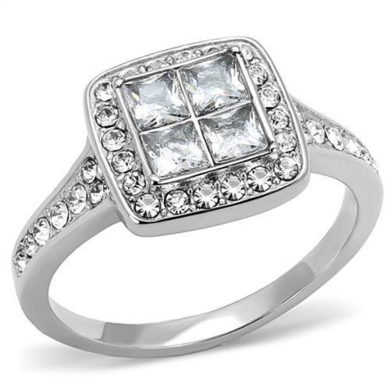 High polished (no plating) Stainless Steel Ring with AAA Grade CZ in Clear