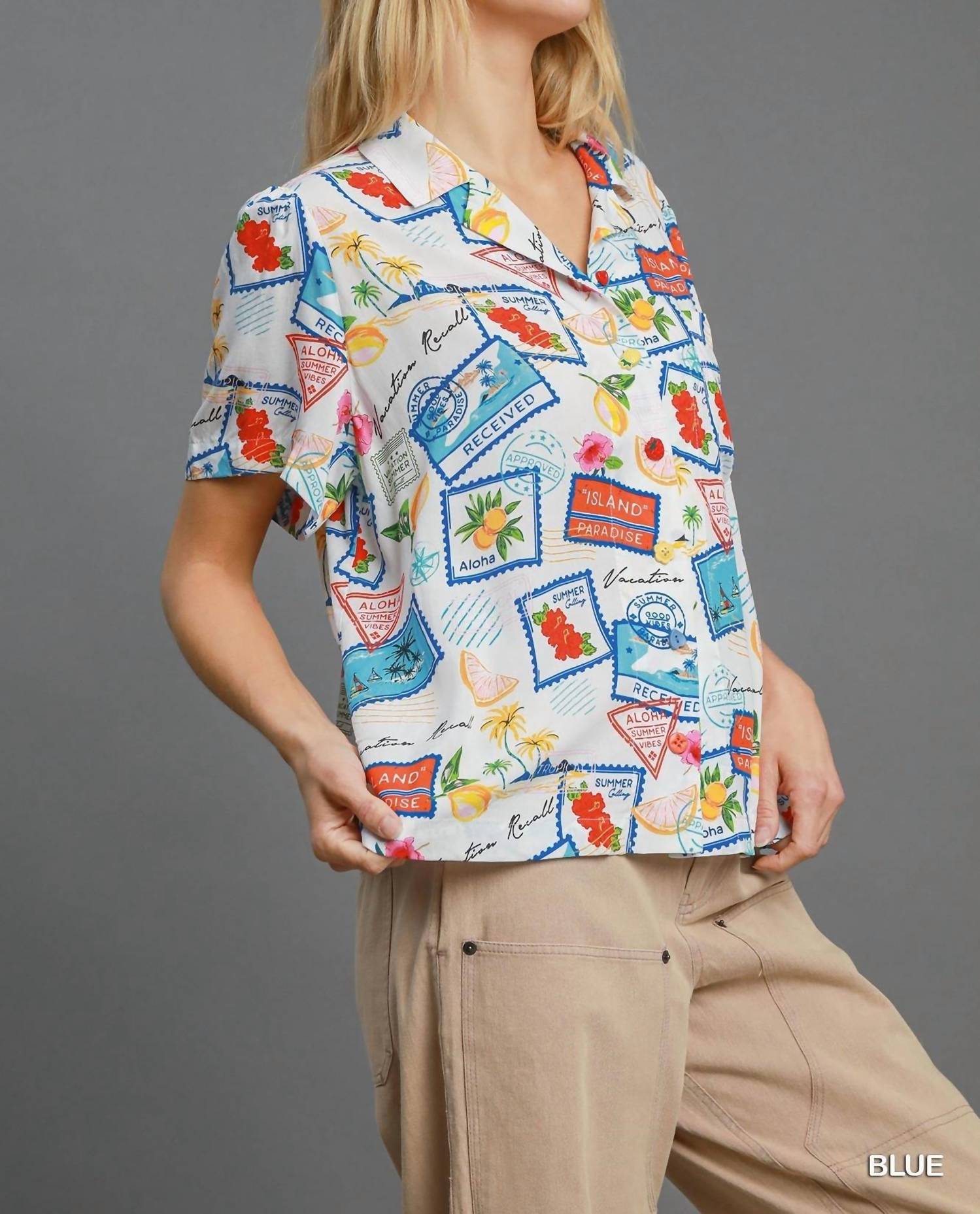 Tropical Resort Print Button-Down Top In Multicolor