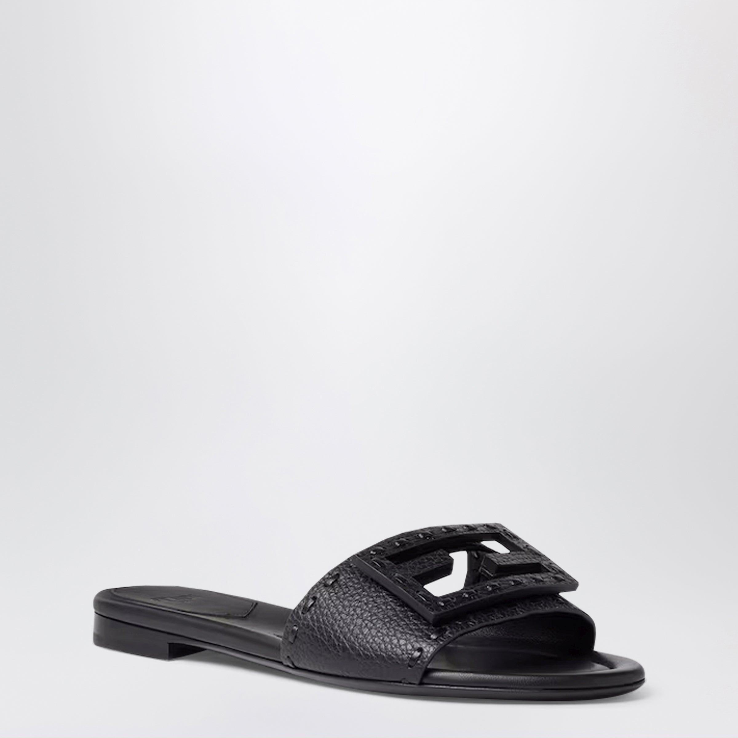 Fendi Black Leather Baguette Slides Women