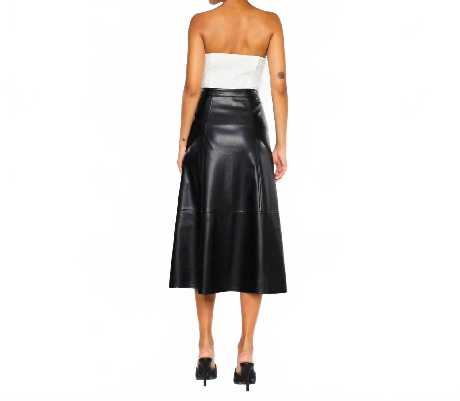 High Rise Leather Midi Skirt In Black
