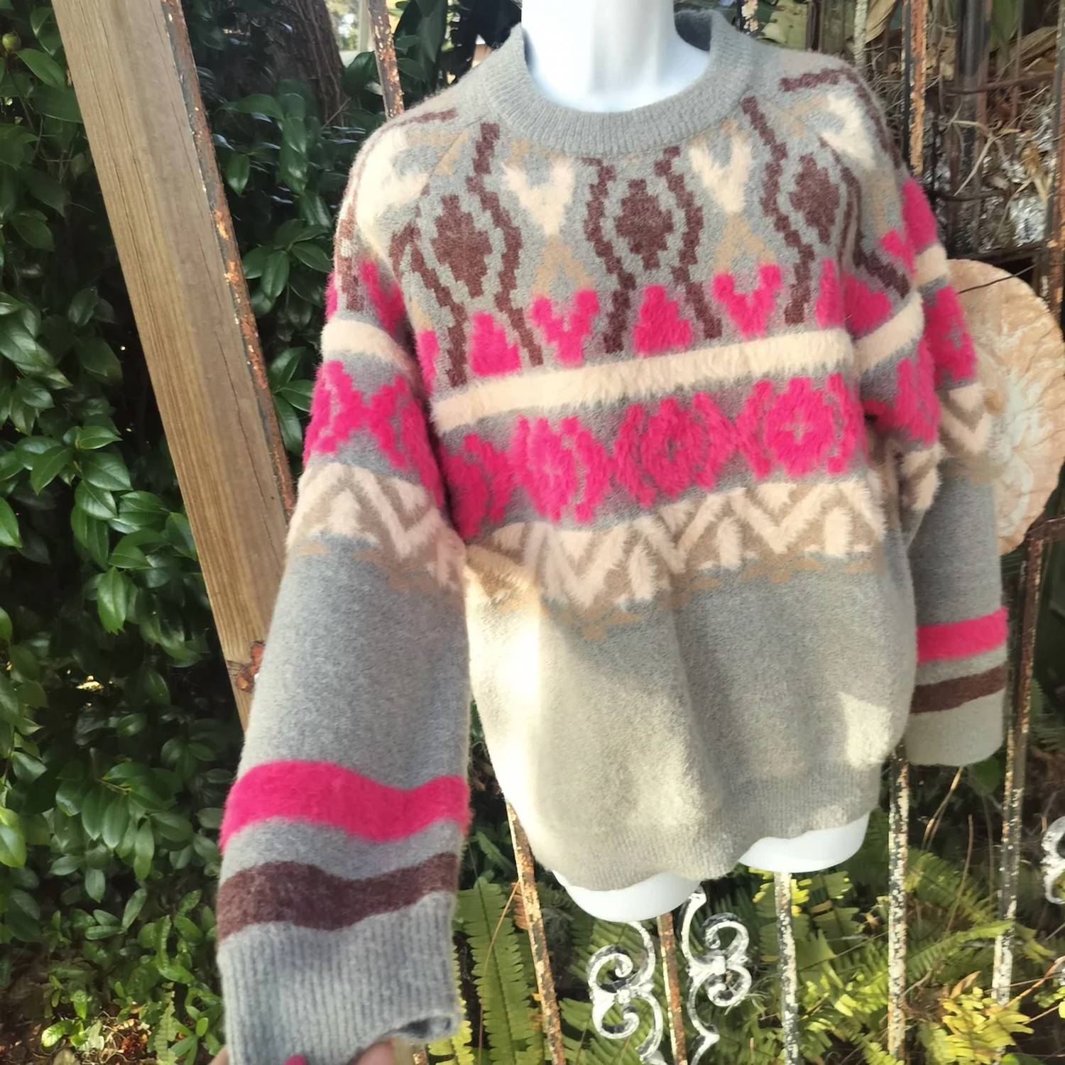 Fair Isle Mohair Knit Sweater In Pink/grey