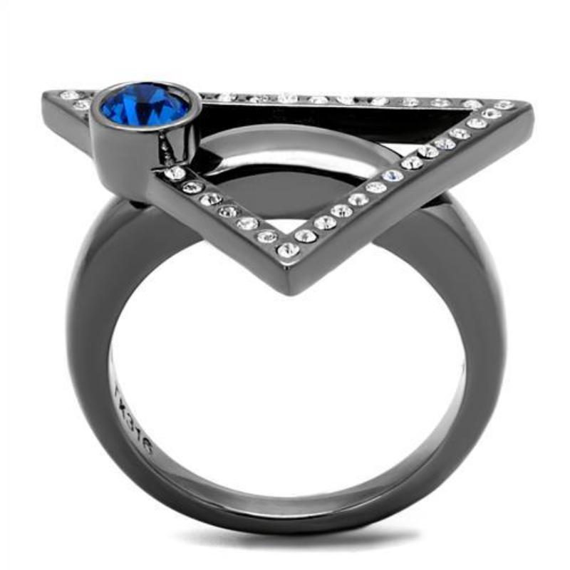 IP Light Black Stainless Steel Ring with Top Grade Crystal in Capri Blue