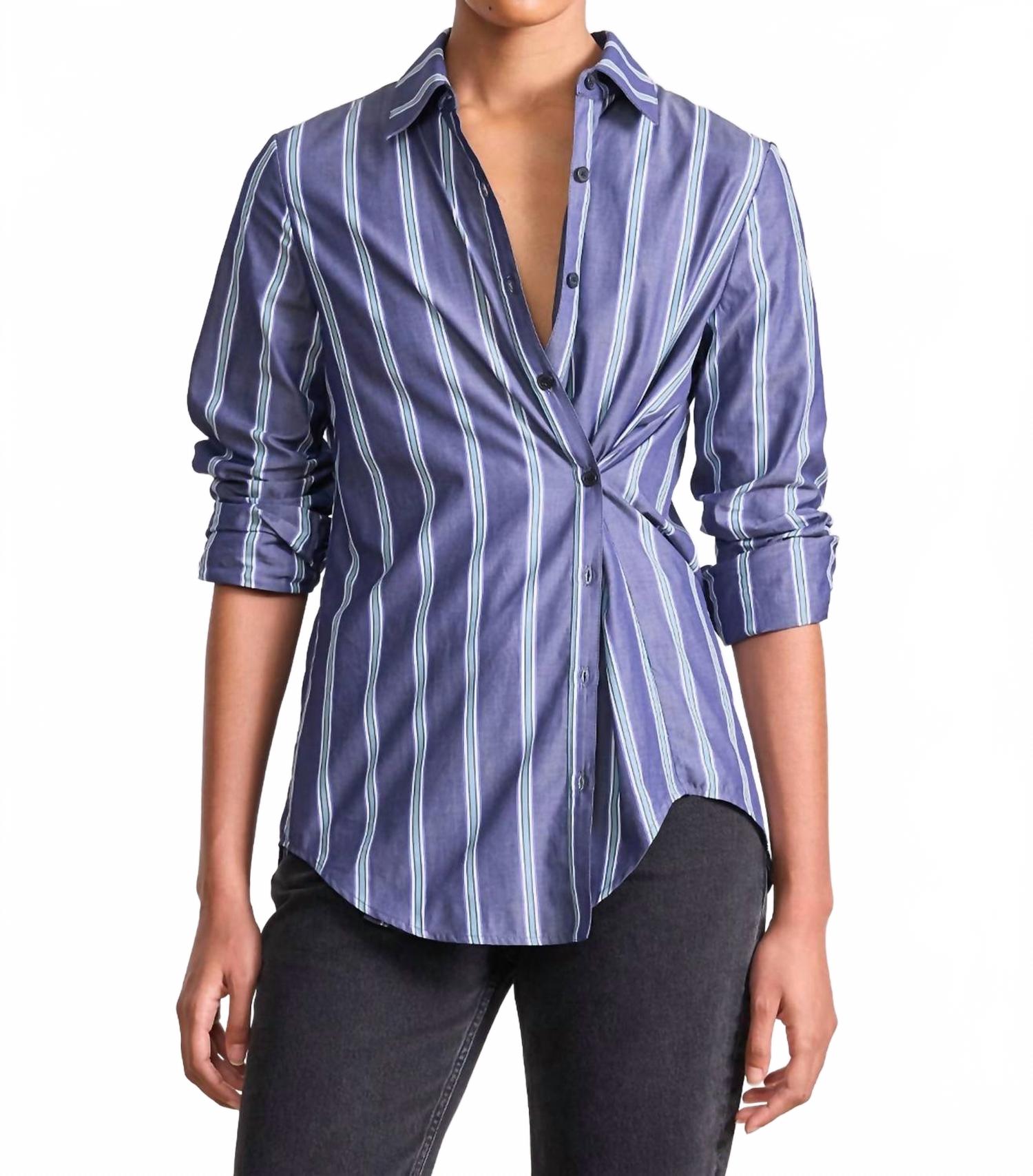 Sodi Wrap Button Up Top In Indigo Stripe
