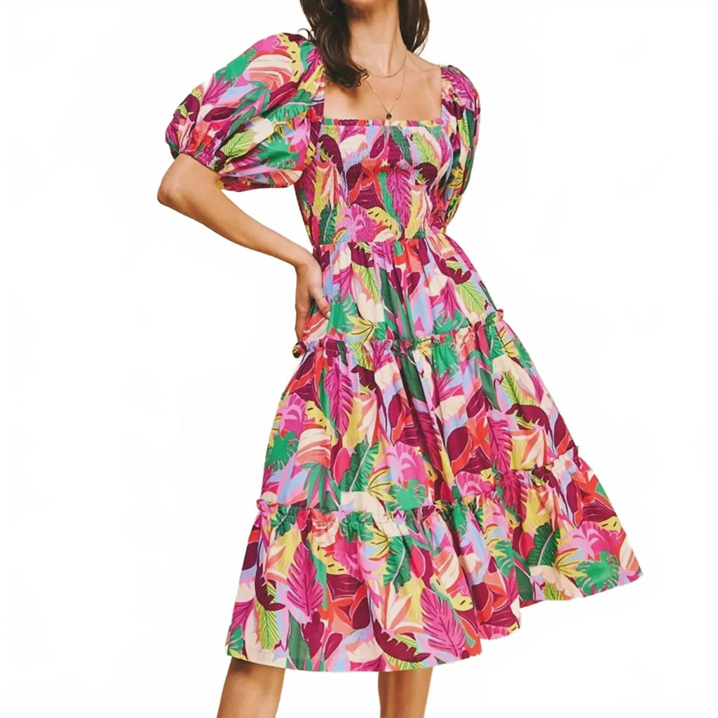 Square Neck Midi Dress In Pink Multi