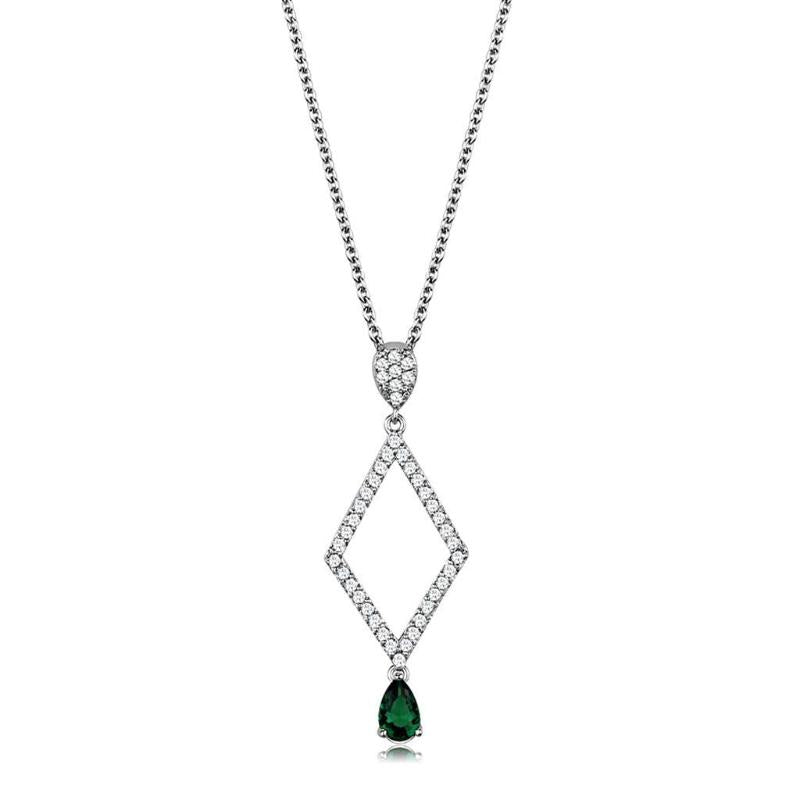 Rhodium Brass Chain Pendant with Synthetic Synthetic Glass in Emerald