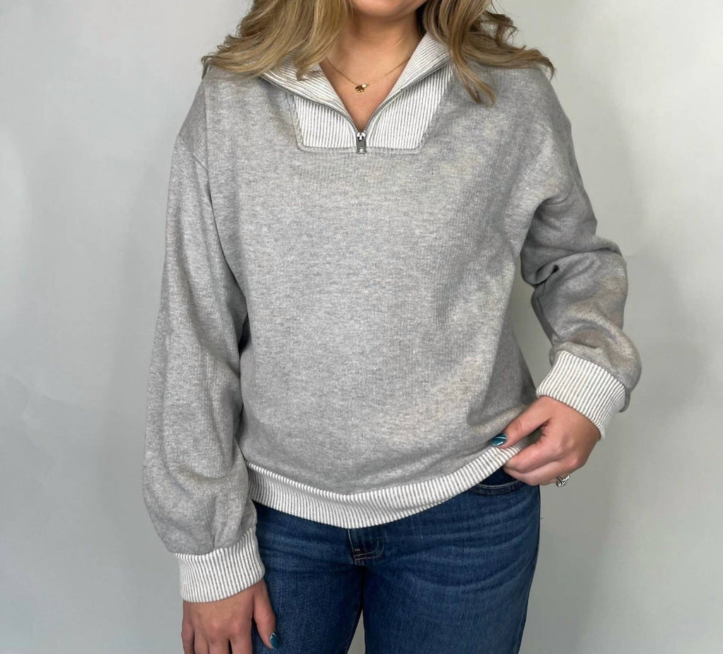 Mix Knit Henley Zip Sweatshirt In Grey