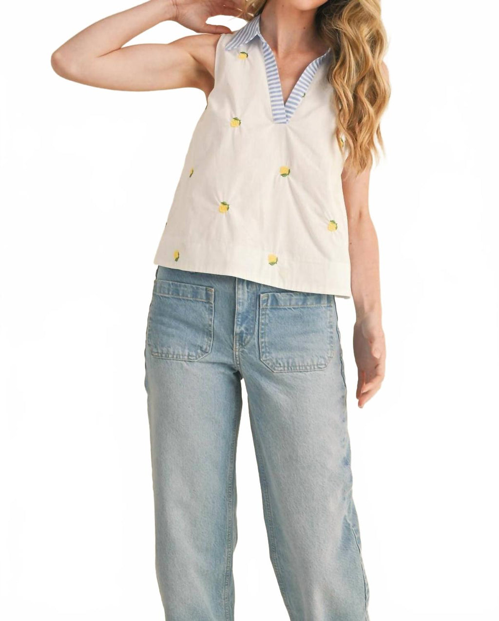 Fruit Pattern Collar Sleeveless Top In Lemon