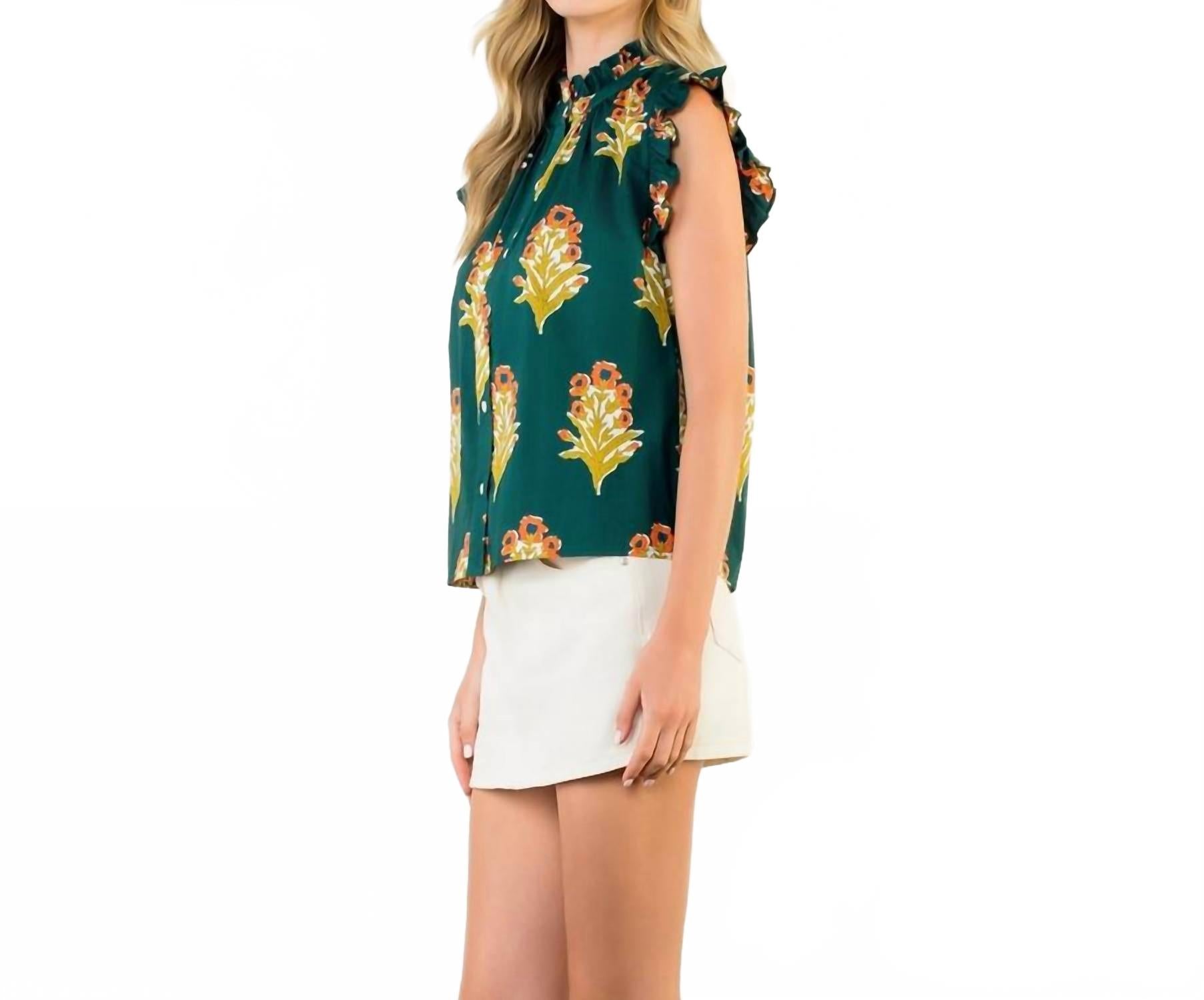 Flutter Sleeve Floral Blouse In Green