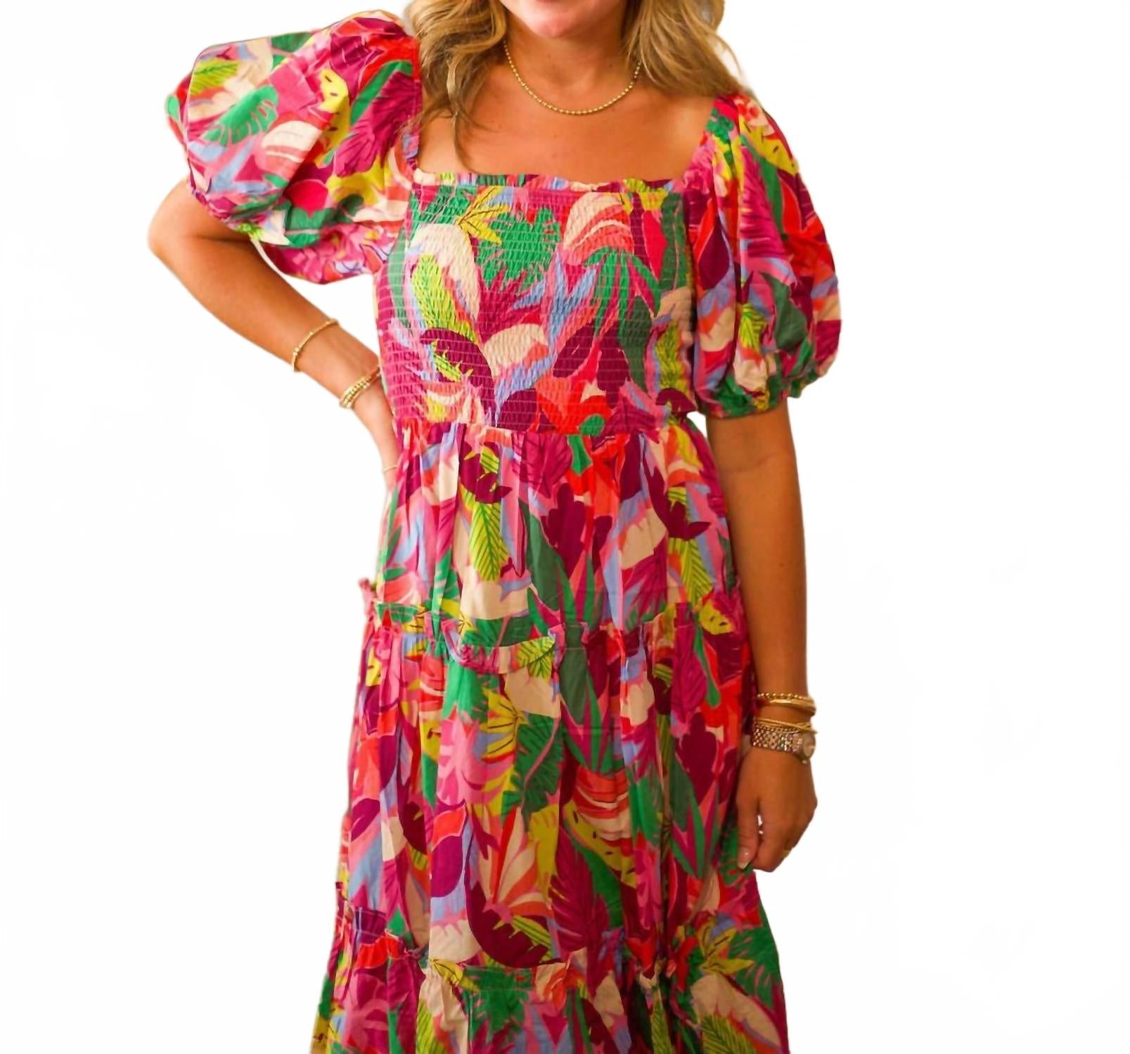 Square Neck Midi Dress In Pink Multi
