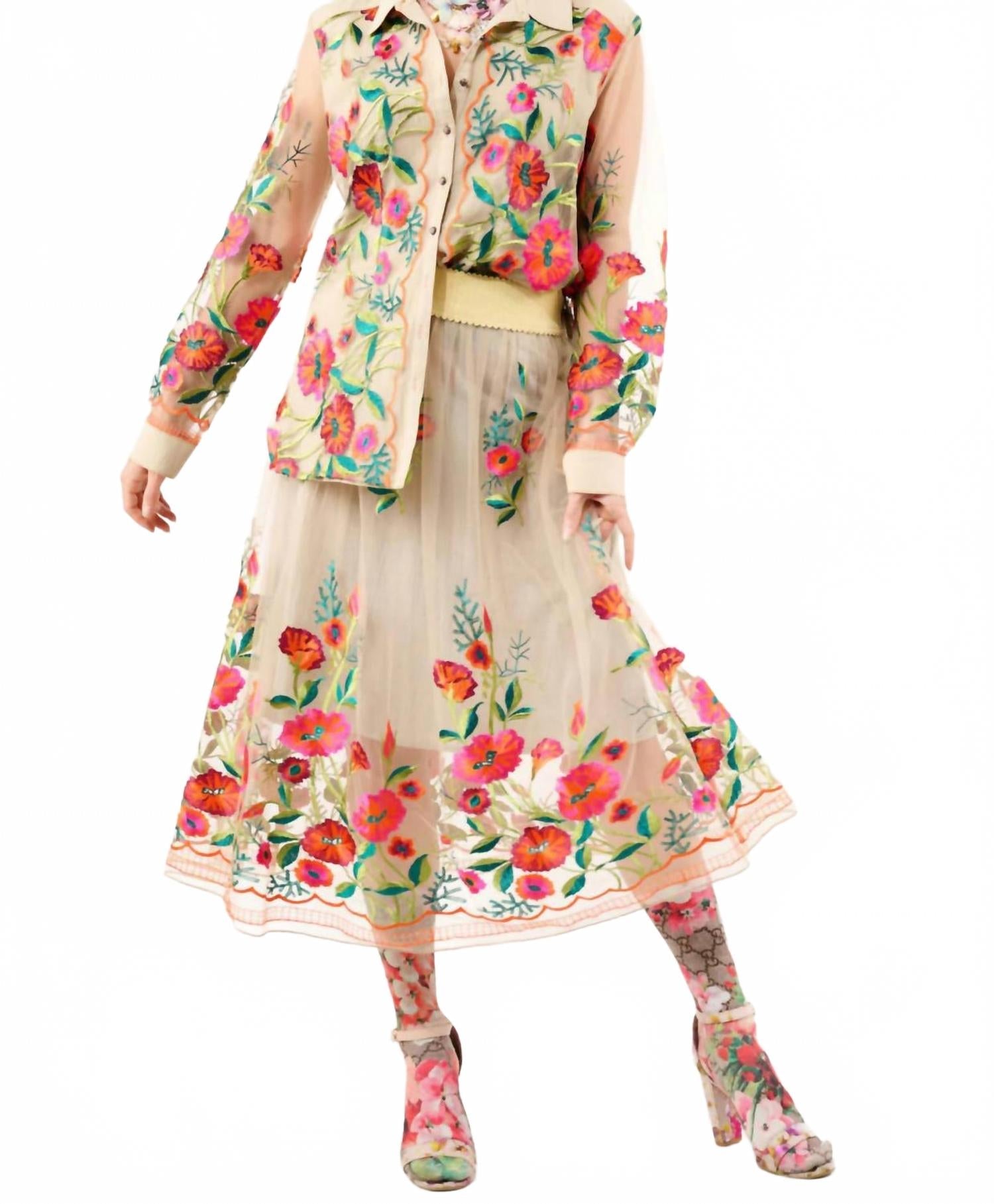 Vintage Floral Embroidered Skirt In Beige Tulip