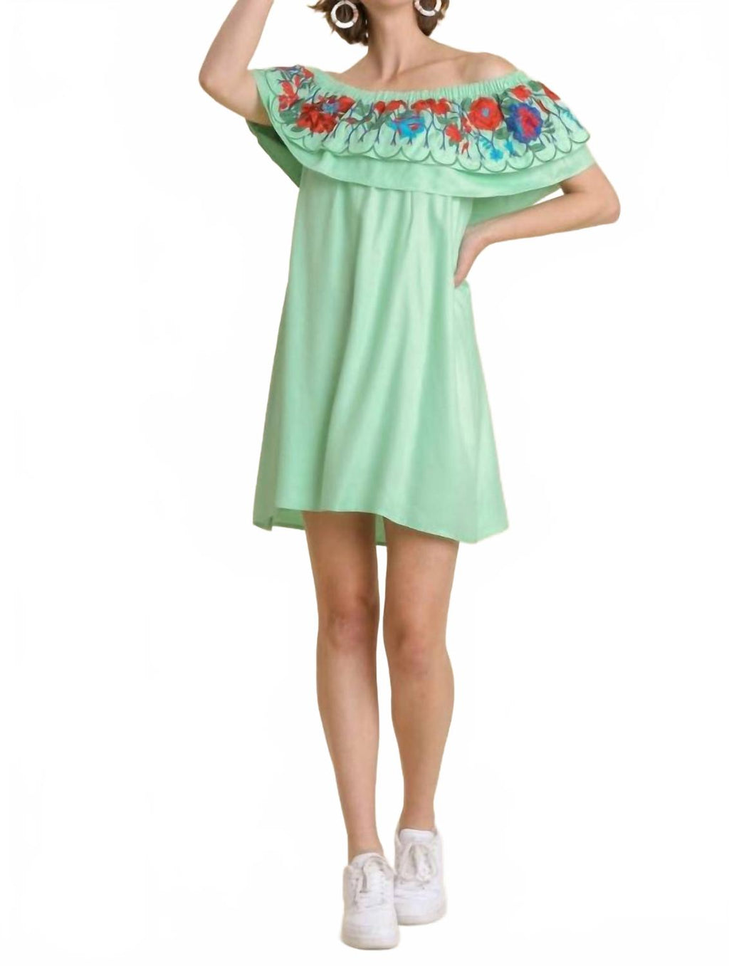 Floral Embroidered Ruffled Dress In Mint