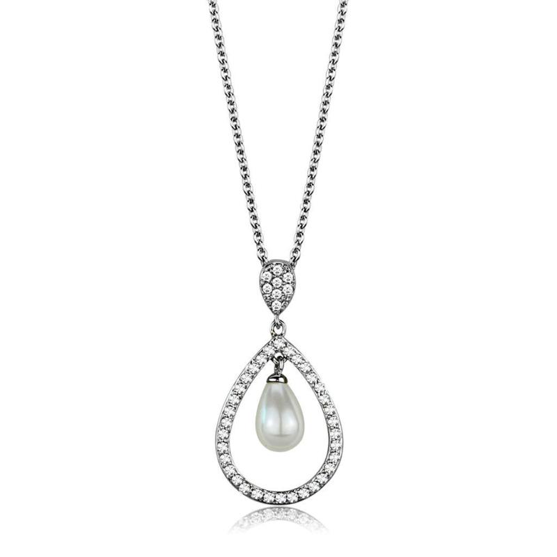 Rhodium Brass Chain Pendant with Synthetic Pearl in White