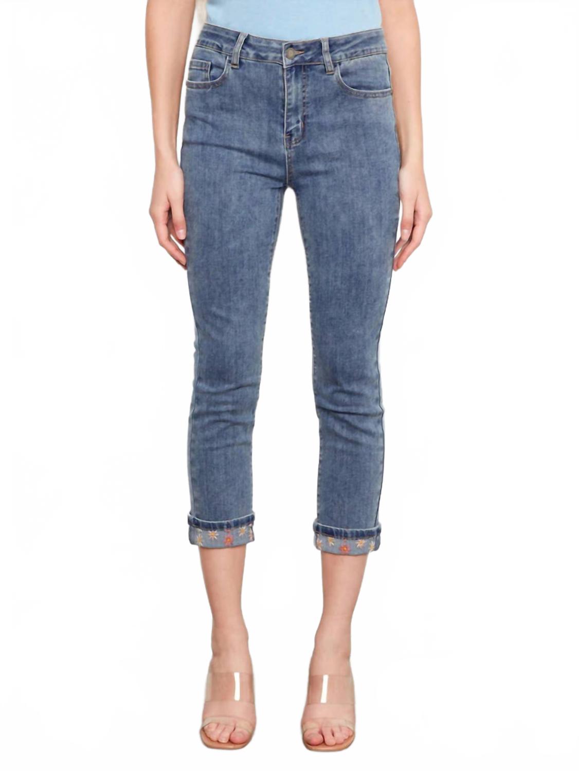 Slim Leg Jeans With Rolled Embrodered Cuff In Medium Blue