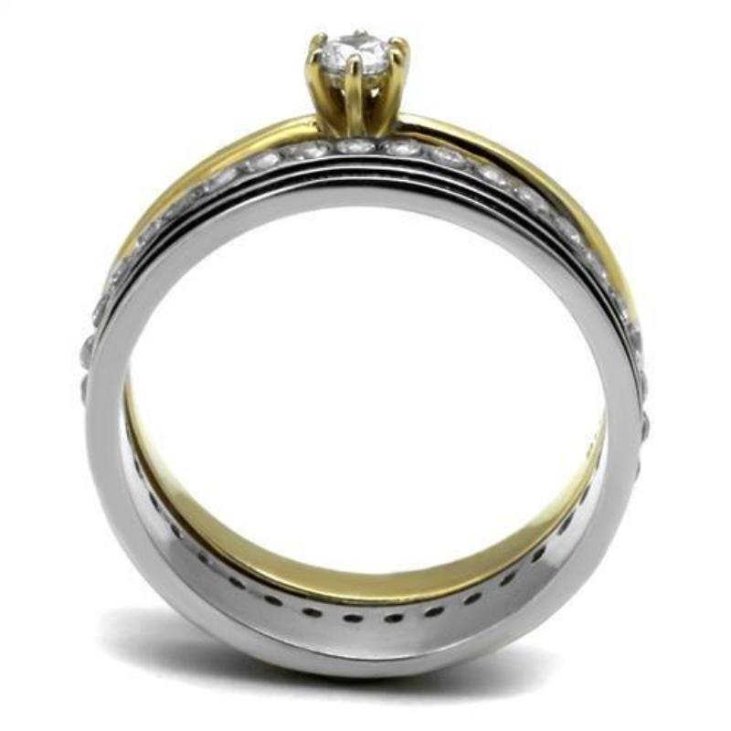 Two-Tone IP Gold (Ion Plating) Stainless Steel Ring with AAA Grade CZ in Clear