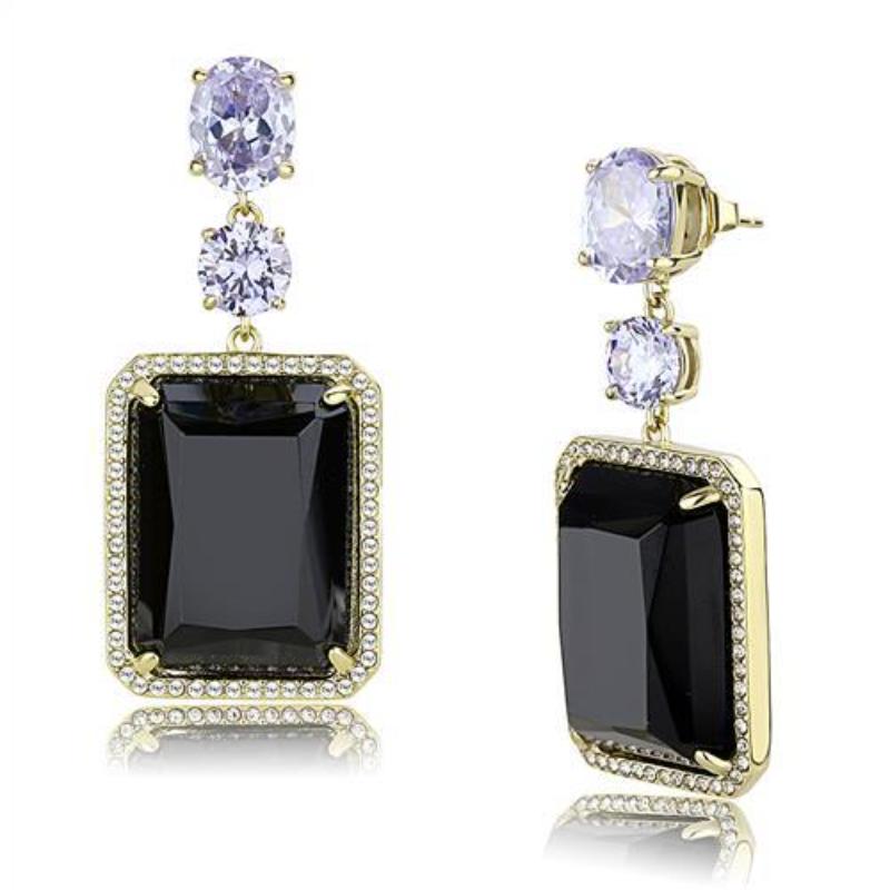 IP Gold(Ion Plating) Stainless Steel Earrings with Synthetic Synthetic Glass in Jet
