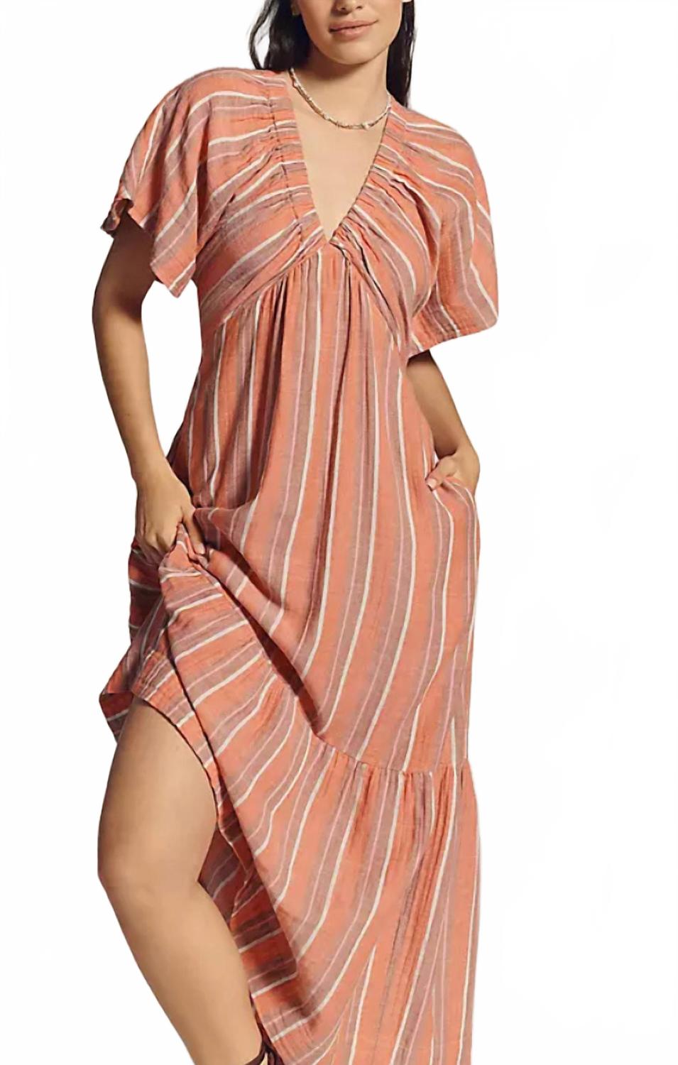 Gauze Stripe Midi Dress In Bright Coral