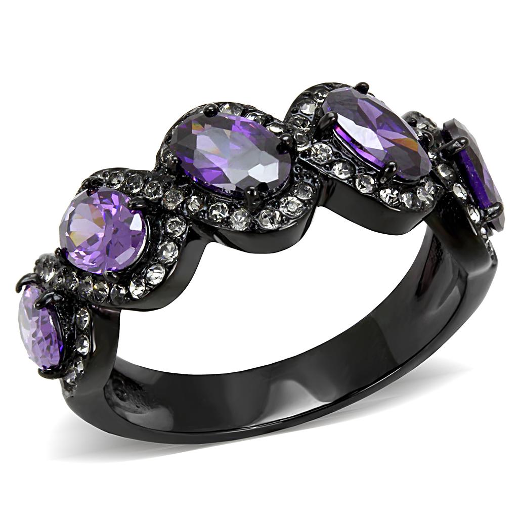 IP Black(Ion Plating) Stainless Steel Ring with AAA Grade CZ in Amethyst