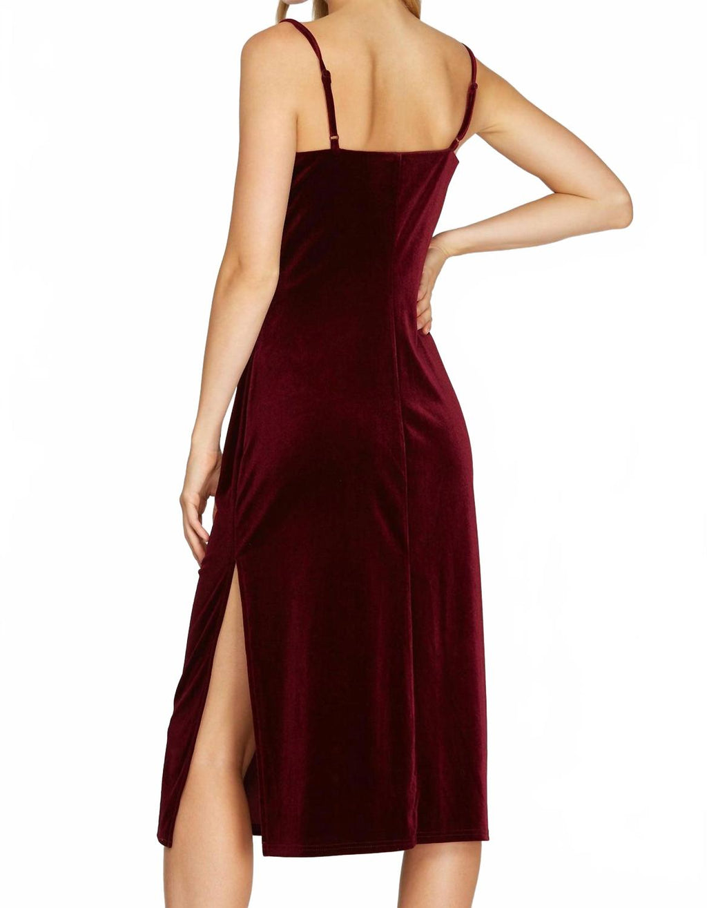 Velvet Camisole Dress With Cowl Neck And Side Slit In Wine