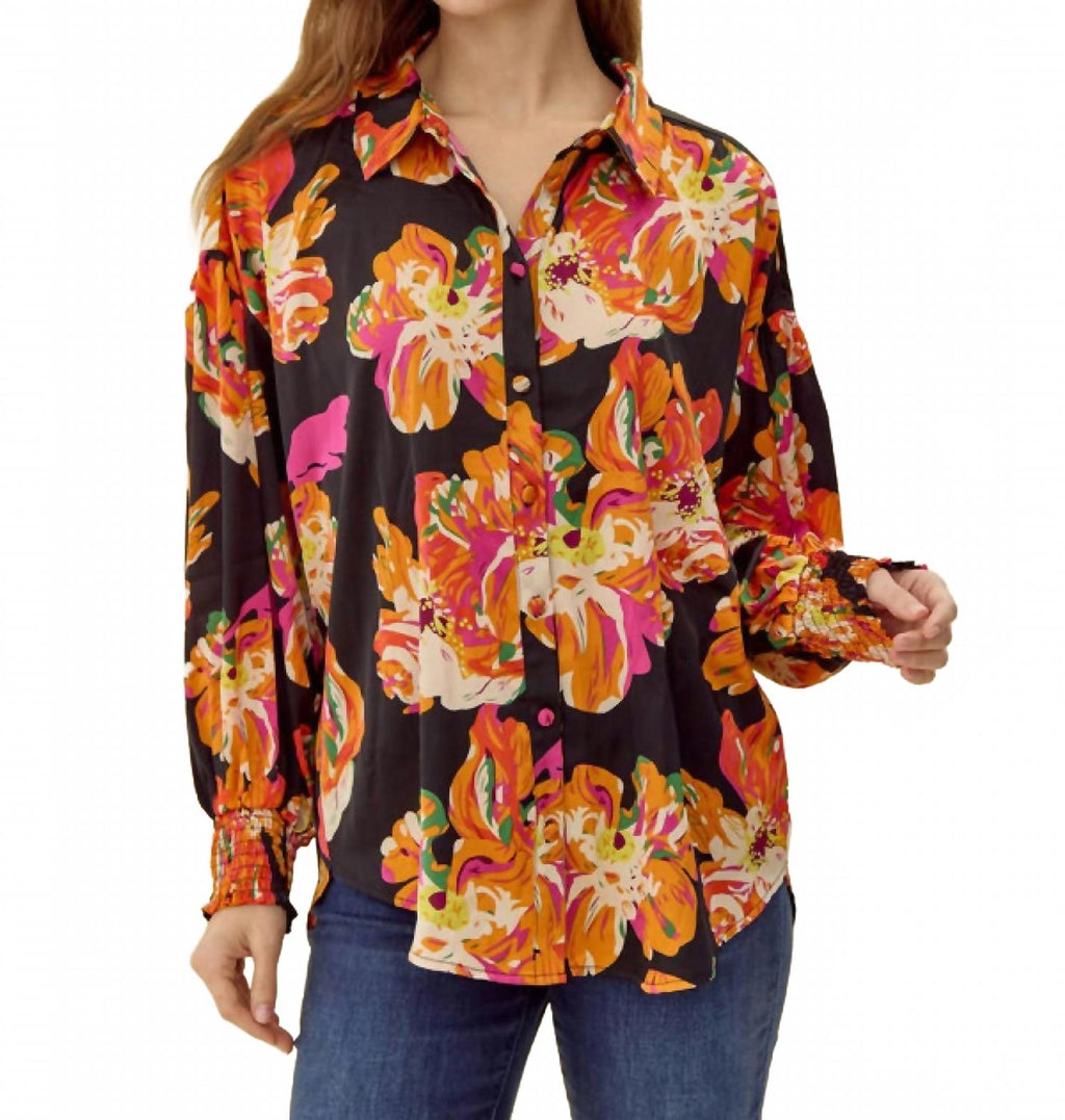 Satin Vibrant Flower Print Button Front Shirt In Black