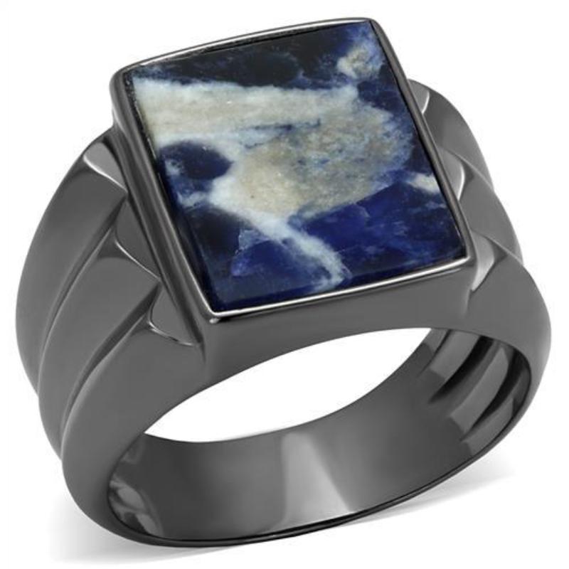 IP Light Black Stainless Steel Ring with Semi-Precious Sodalite in Capri Blue