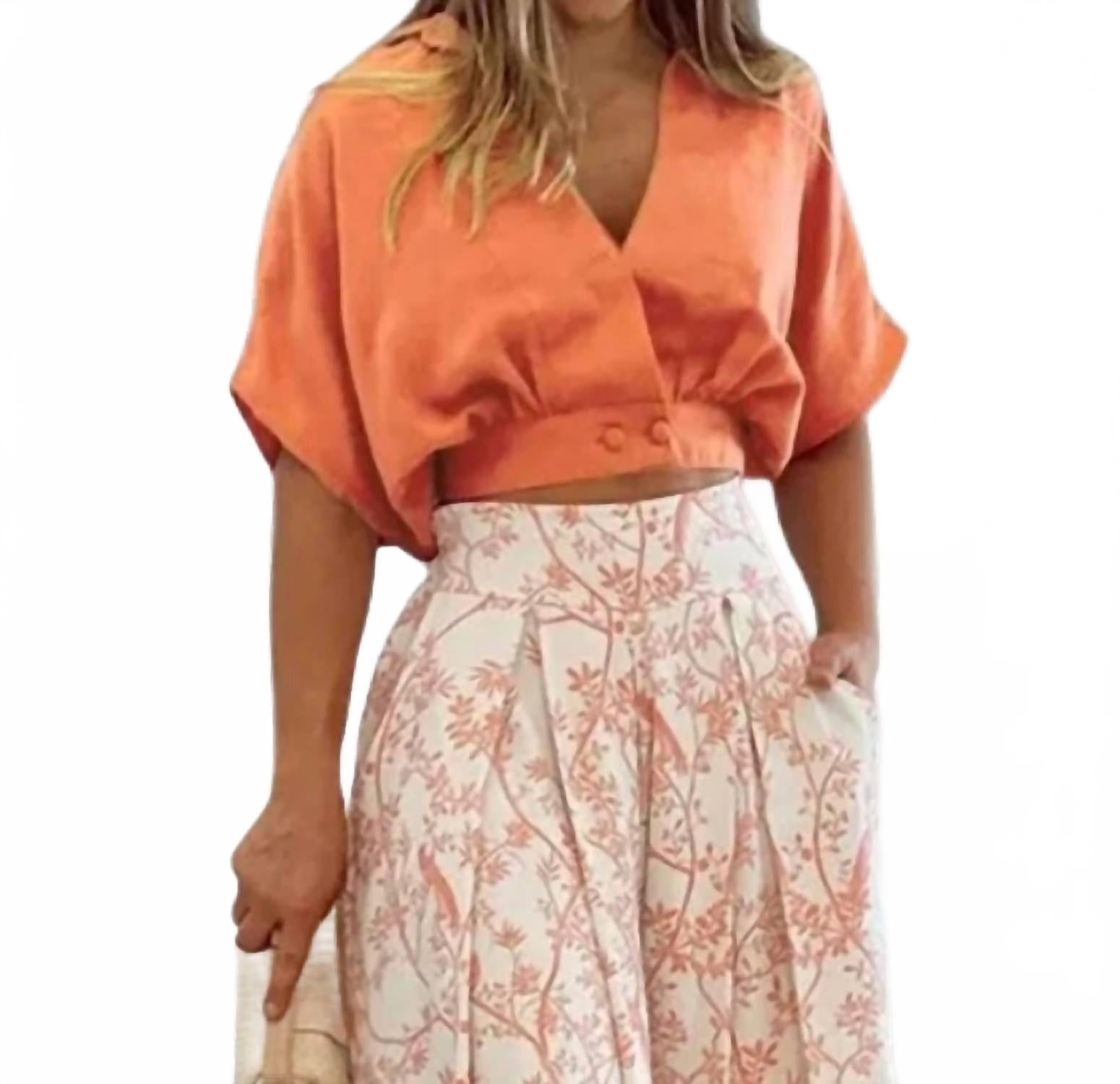V-Neck Short Shirt And Wide Leg Pants Set In Light Orange