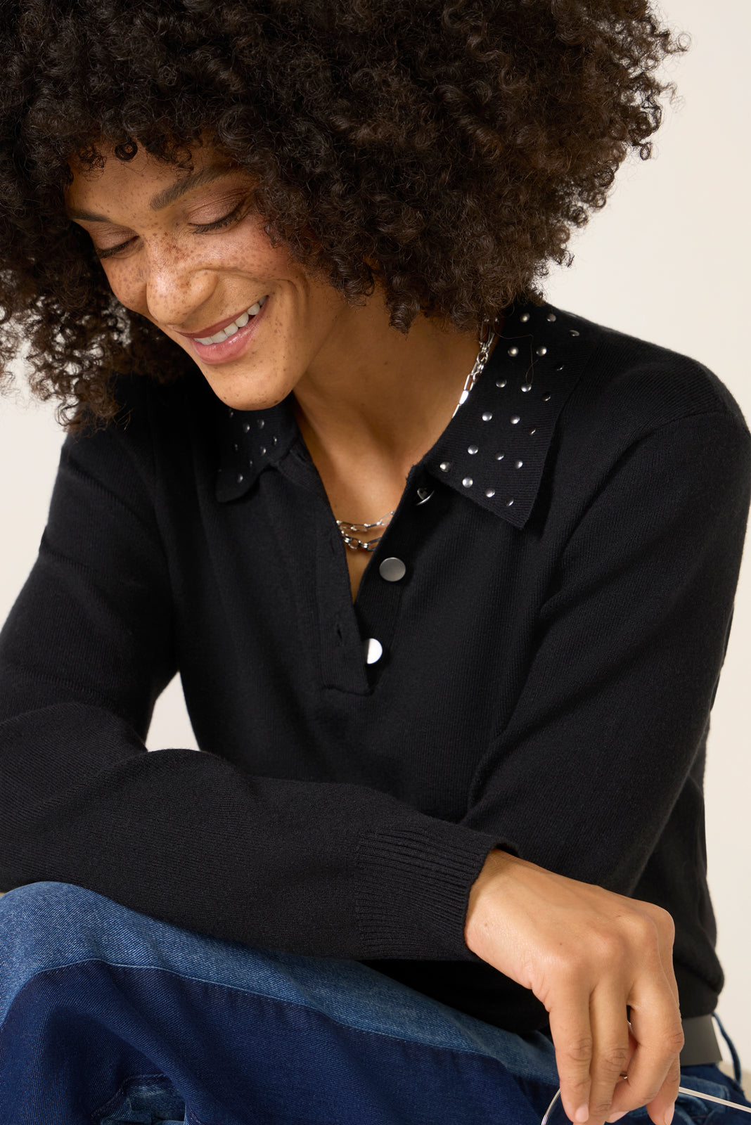 Women's Matty Studded Collar Polo Sweater Top