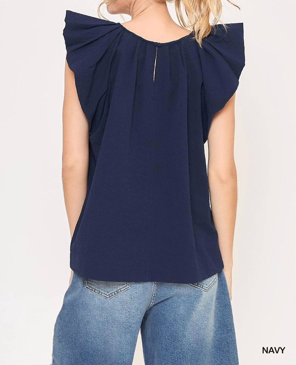 Flutter Sleeve Pleated Crew Neck Blouse In Navy