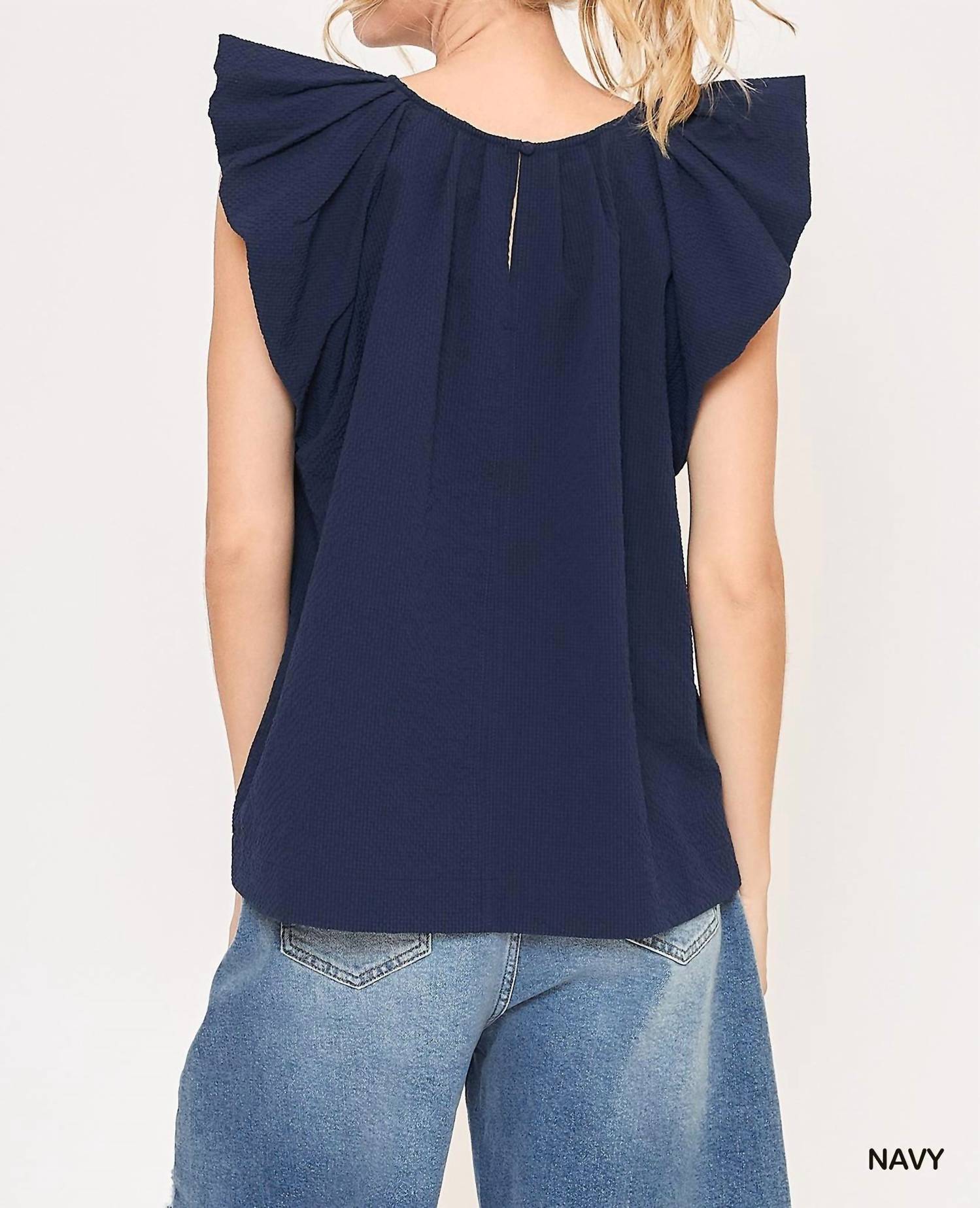 Flutter Sleeve Pleated Crew Neck Blouse In Navy