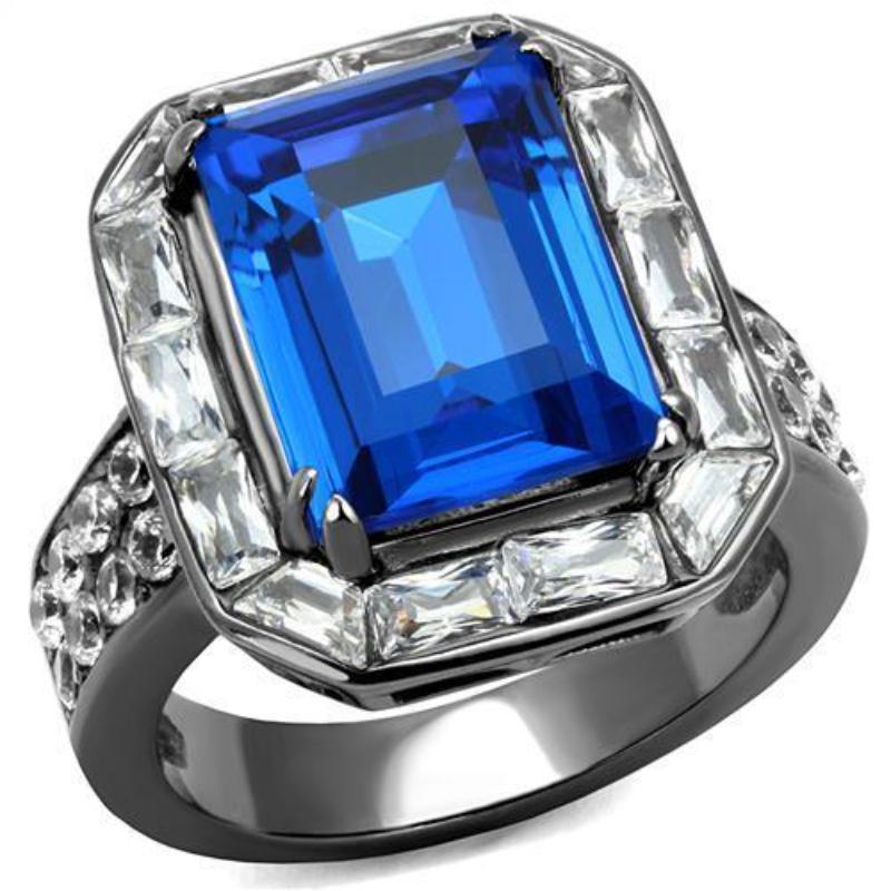 IP Light Black Stainless Steel Ring with Top Grade Crystal in Capri Blue