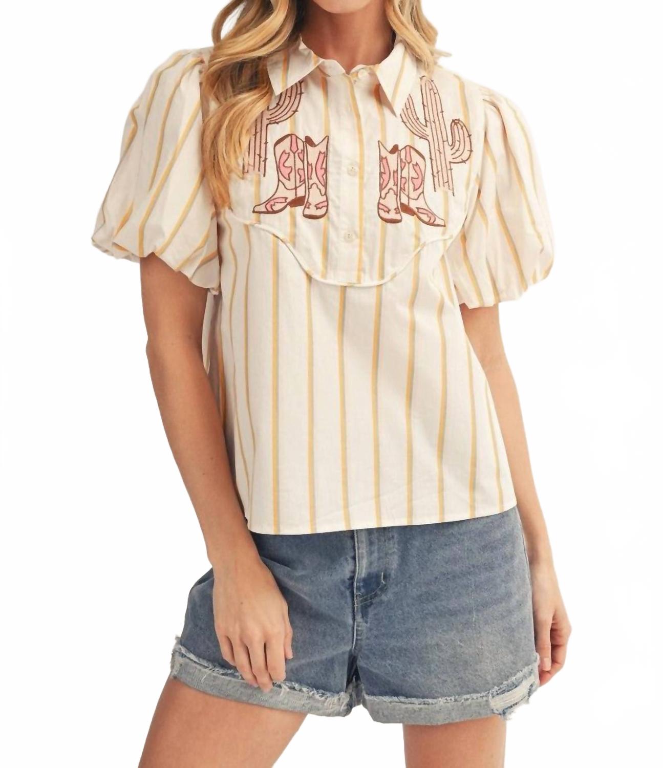 Boots Galore Striped Button Up Shirt In White / Yellow