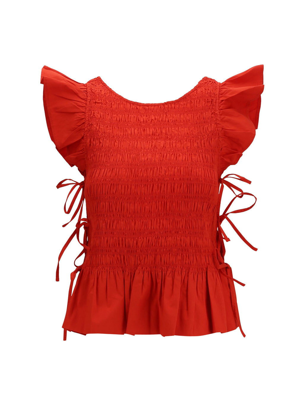 Ganni Women Ruched Cotton Top With Side Bows