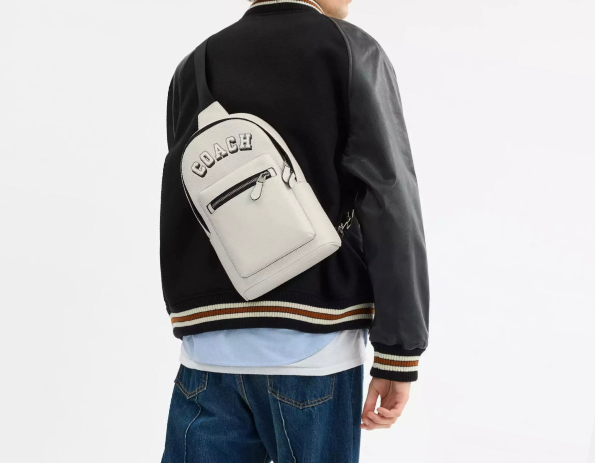 NWT Coach Leather West Pack Sling Bag with Varsity Motif In Chalk/Black