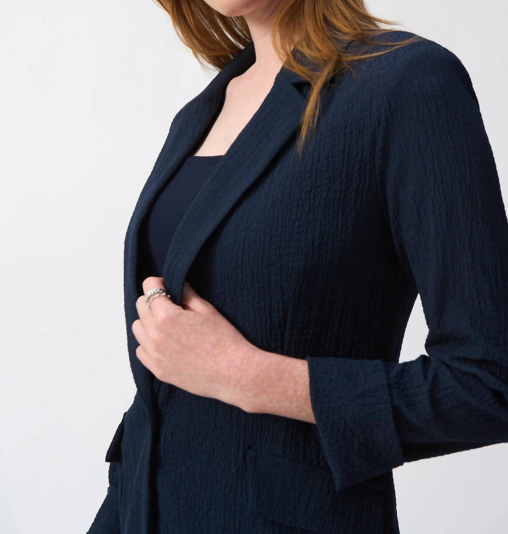 Quarter Sleeve Seersucker Blazer Jacket In Midnight Blue