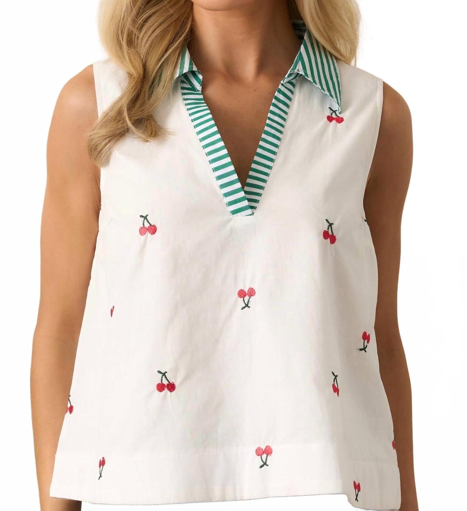 Fruit Pattern Shirt Collar Sleeveless Top In Cherry