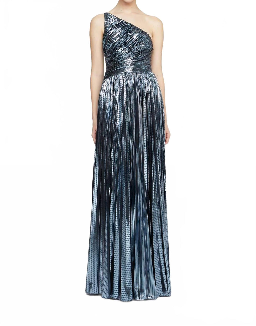 Terese Pleated Metallic One Shoulder Gown In Slate Blue