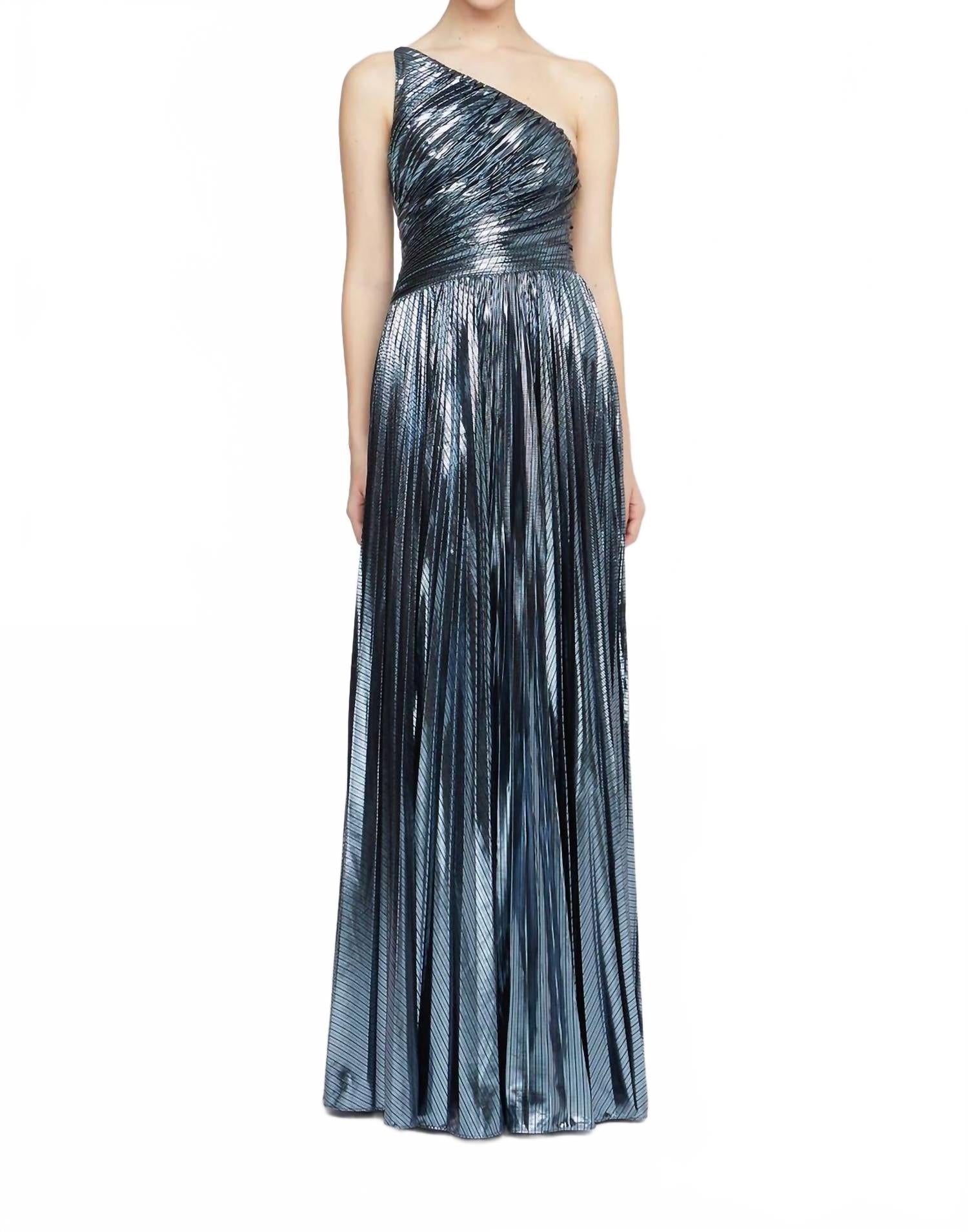 Terese Pleated Metallic One Shoulder Gown In Slate Blue
