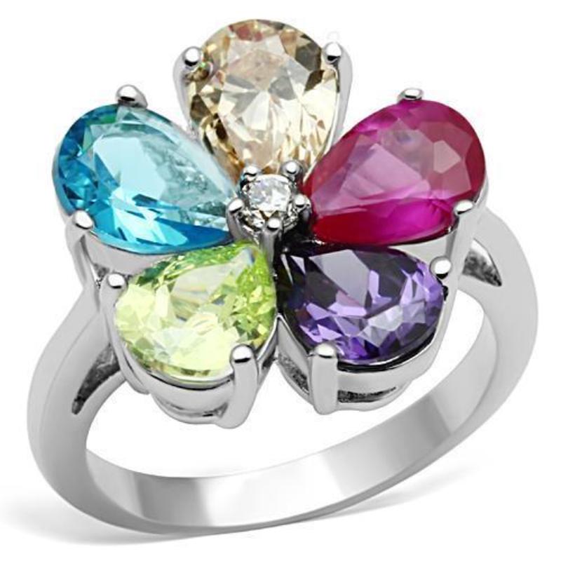 Jessyca Cocktail Ring - Rhodium Brass, AAA CZ , Multi Color