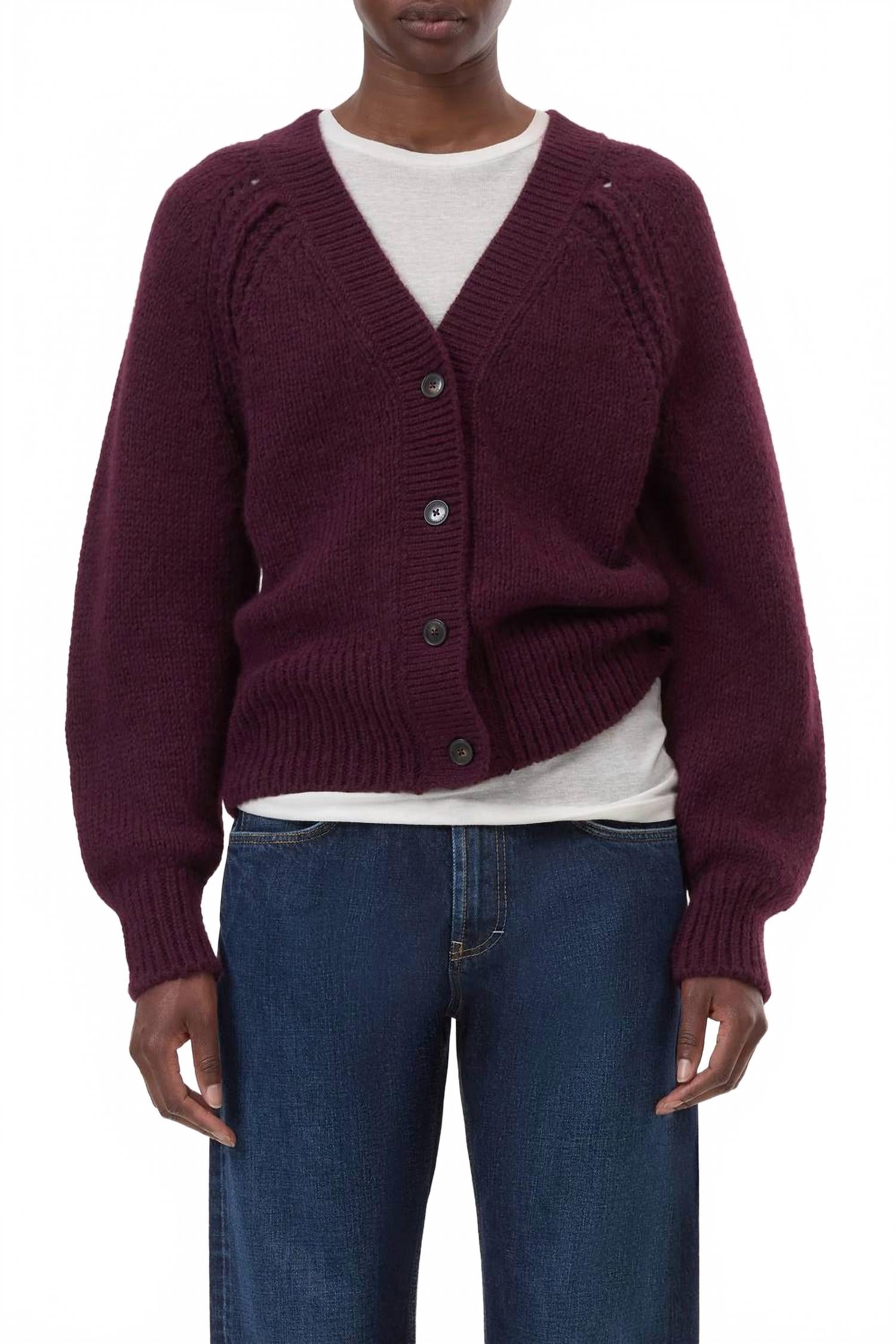Chunky Knit Waisted Cardigan In Dark Raisin Red