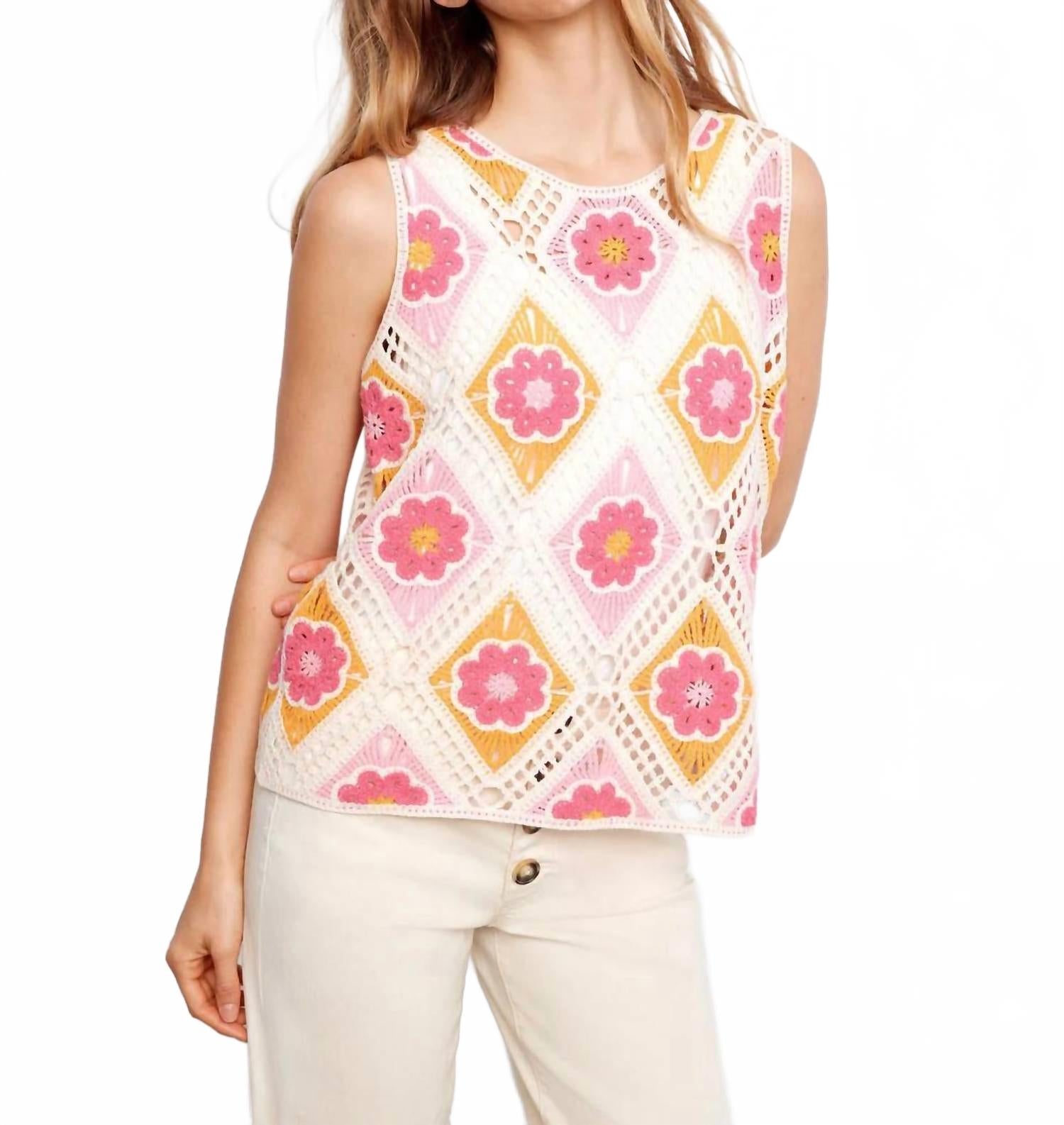 Sleeveless Crochet Cotton Blend Top In Floral