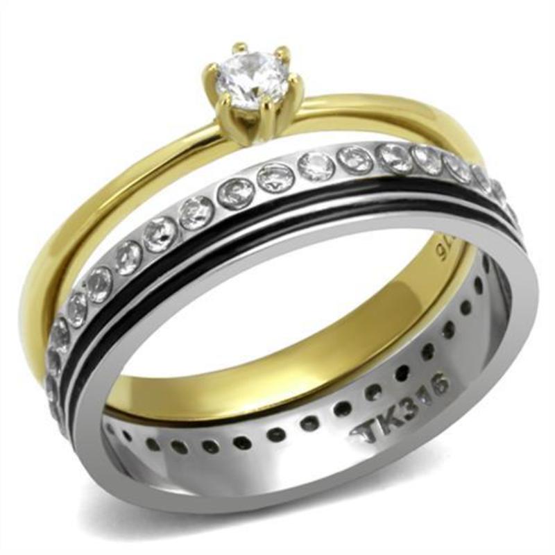 Two-Tone IP Gold (Ion Plating) Stainless Steel Ring with AAA Grade CZ in Clear