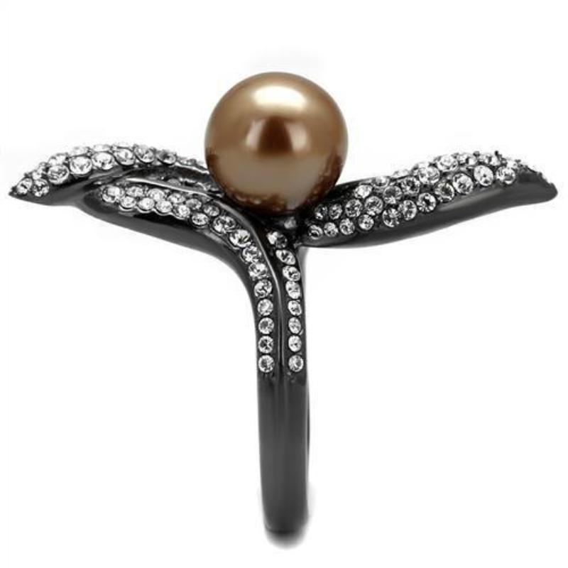 IP Light Black Stainless Steel Ring with Synthetic Pearl in Brown