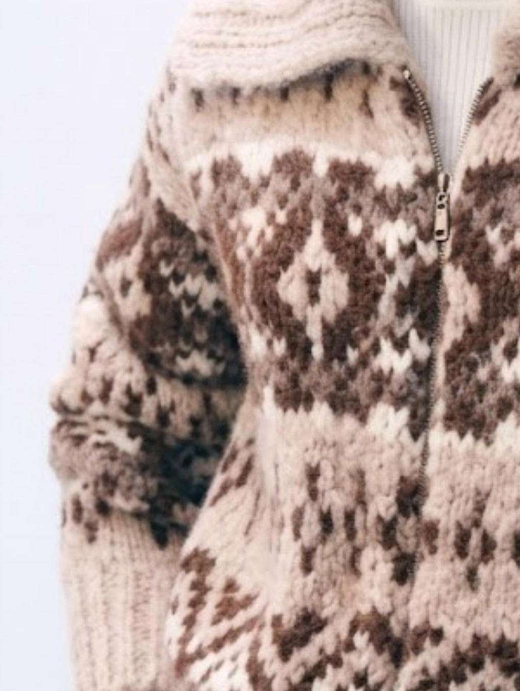 Alpaca Blend Fair Isle Bomber Sweater In Brown Combo